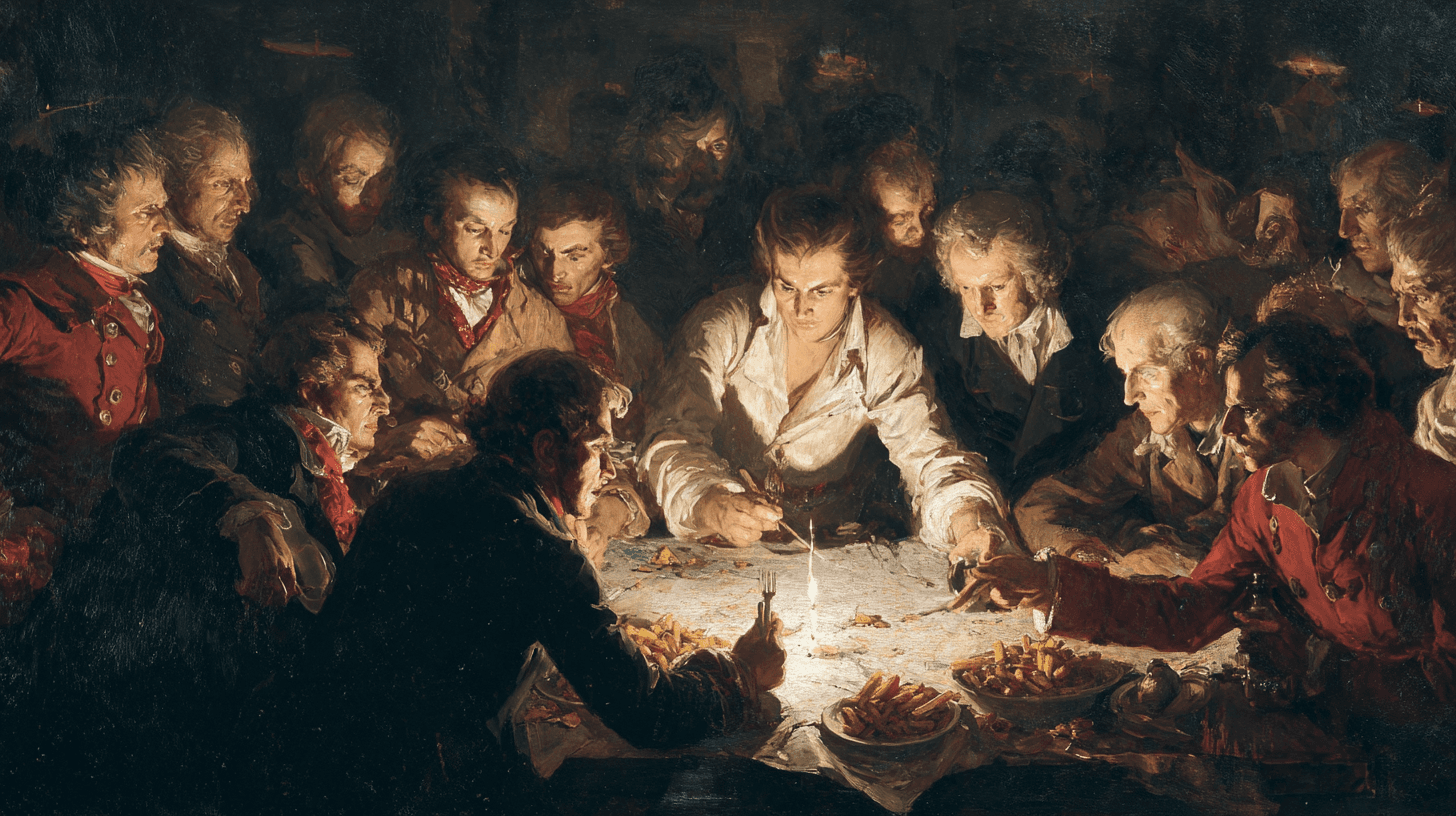 Stylized historical illustration referencing poutine culture