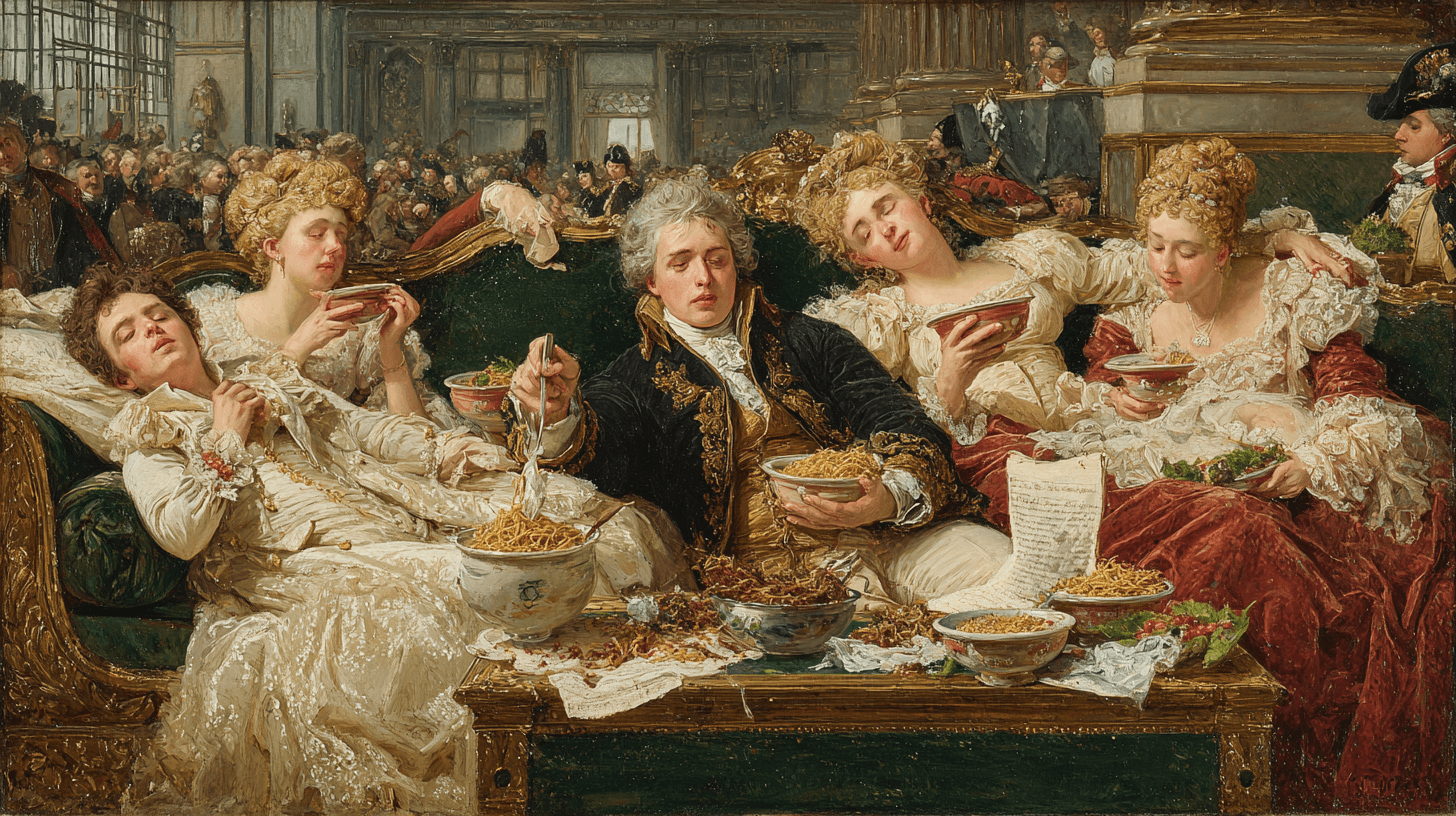 Neoclassical oil painting of a lavish theatrical scene with poutine