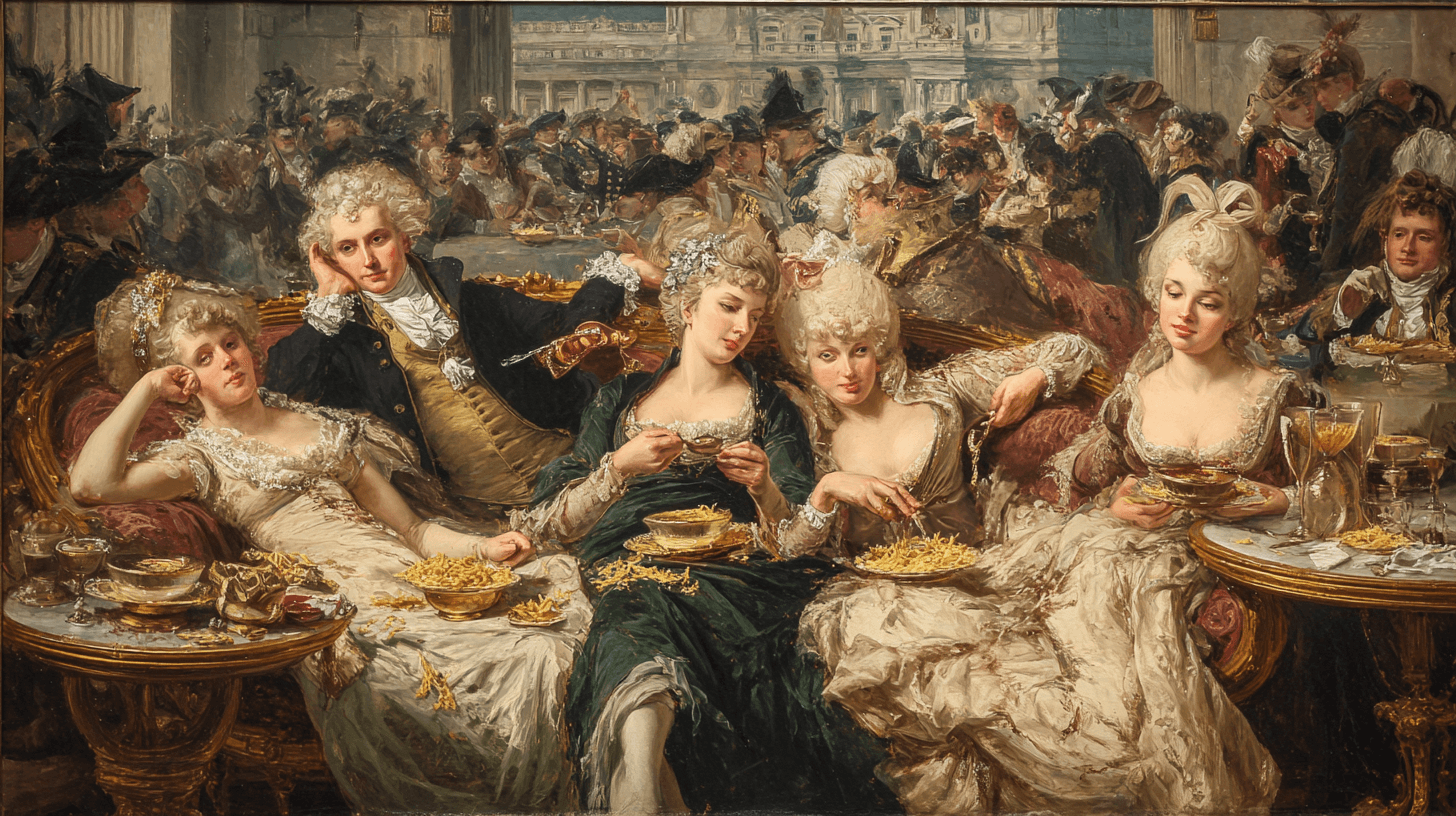 Neoclassical oil painting of a lavish theatrical scene with poutine