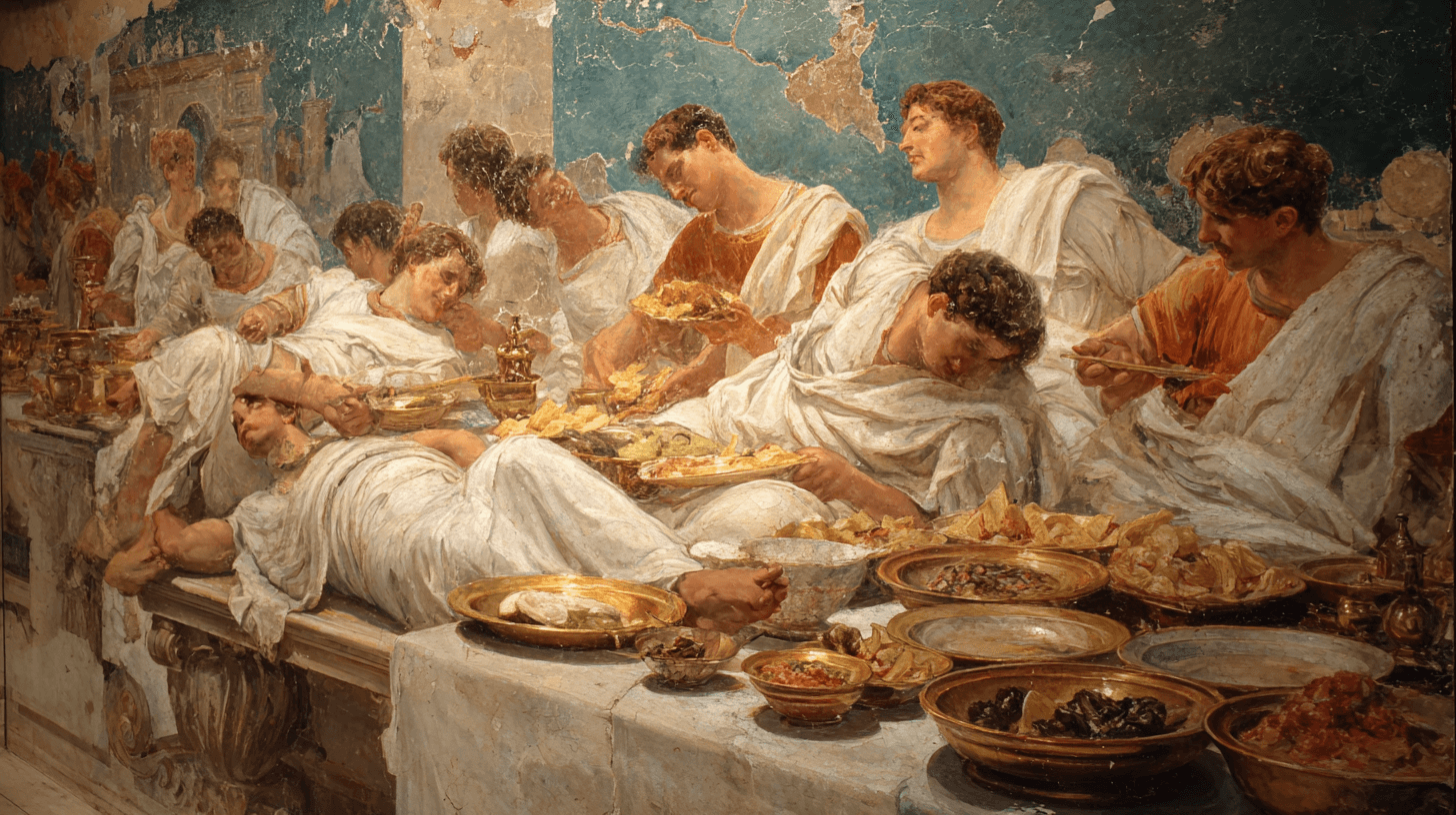Roman fresco painting depicting a decadent scene with poutine