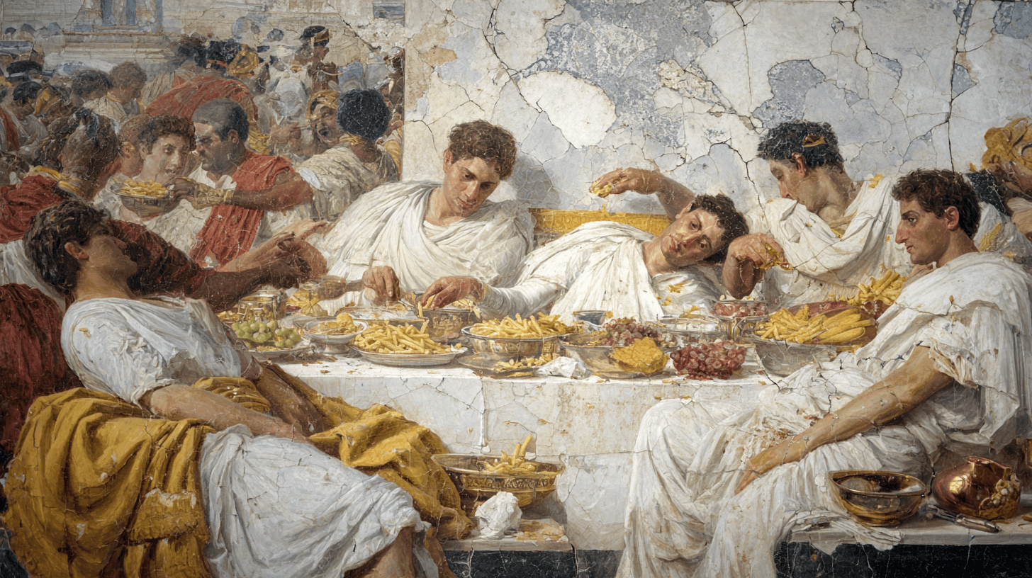 Roman fresco painting depicting a decadent scene with poutine